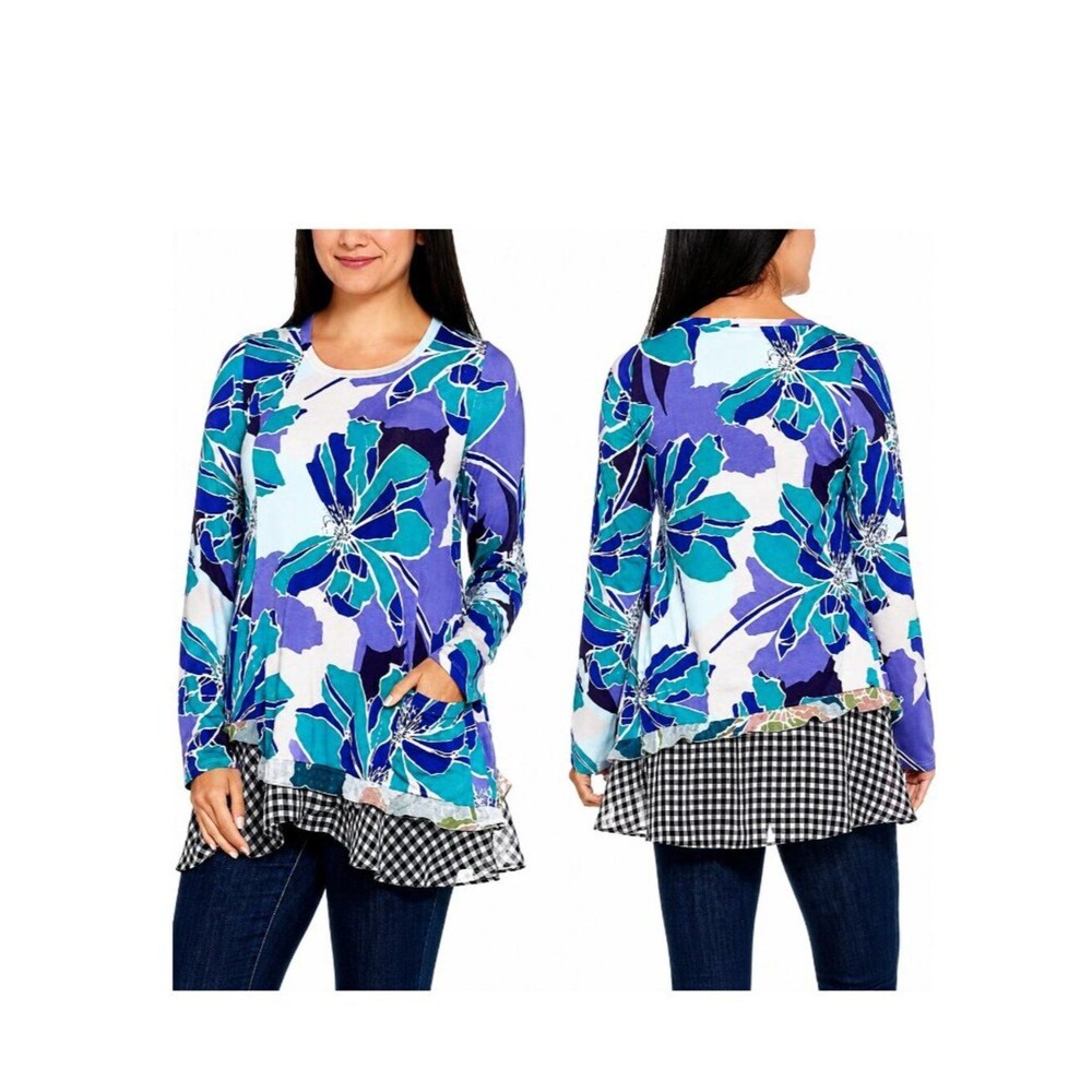 LOGO By Lori Goldstein Blue Mixed Media Tunic Size Large NWOT